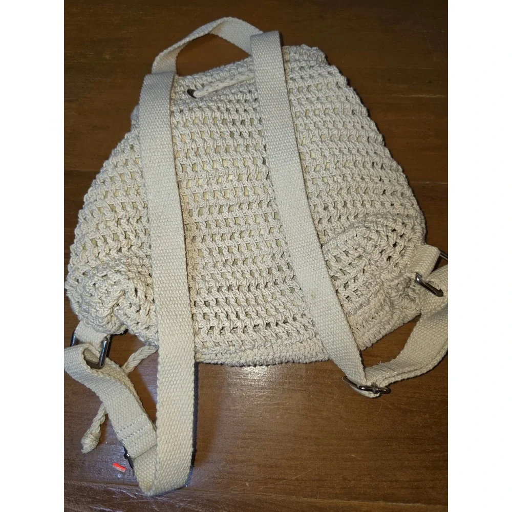 Handmade Crochet Mini Backpack Cream Boho Knit Drawstring Festival Bag Sunflower
